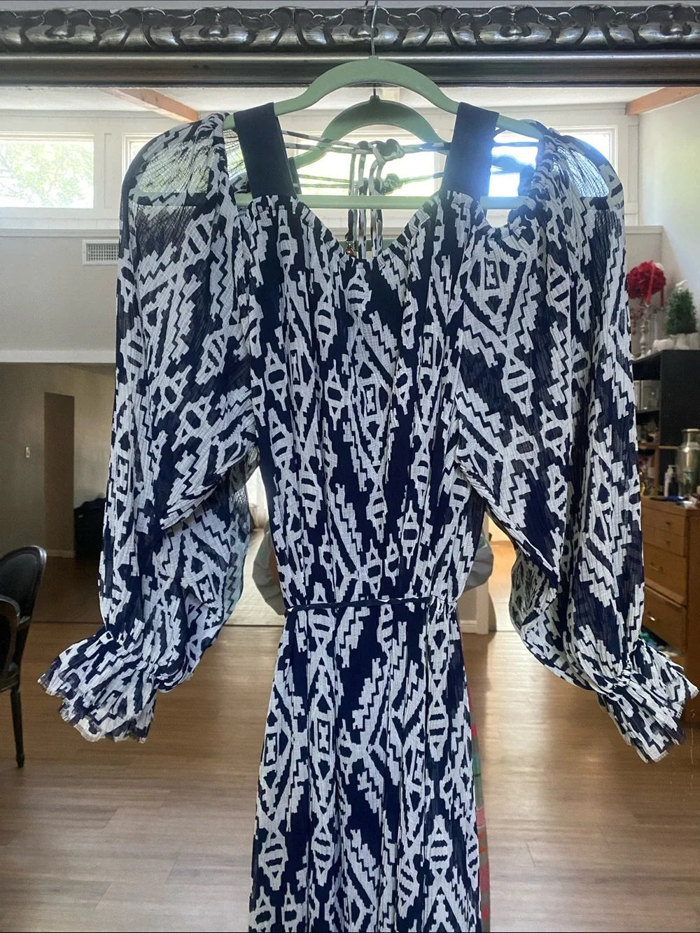 Tory Burch Navy and White Printed Maxi Dress with Tassel Tie